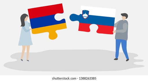 Couple holding two puzzles pieces with Armenian and Slovenian flags. Armenia and Slovenia national symbols together.