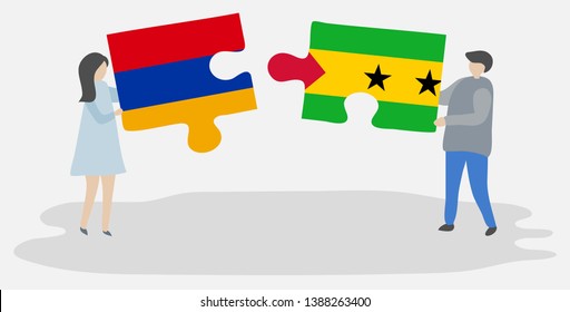 Couple holding two puzzles pieces with Armenian and Sao Tomean flags. Armenia and Sao Tome and Principe national symbols together.