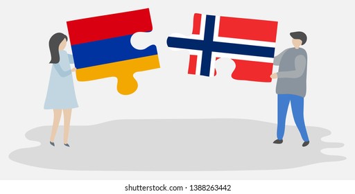 Couple holding two puzzles pieces with Armenian and Norwegian flags. Armenia and Norway national symbols together.