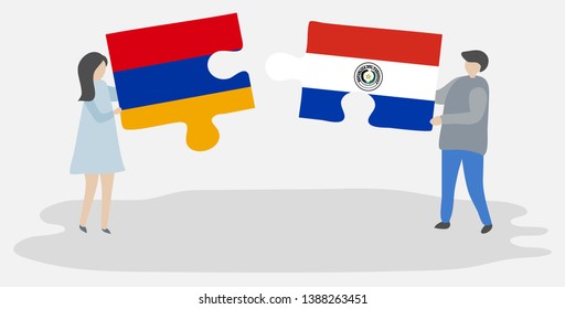 Couple holding two puzzles pieces with Armenian and Paraguayan flags. Armenia and Paraguay national symbols together.