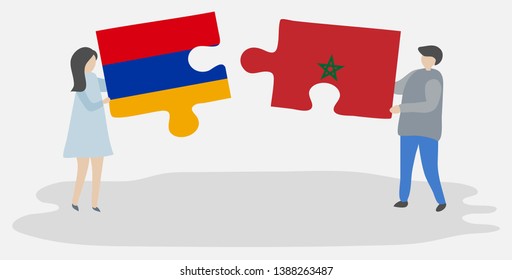 Couple holding two puzzles pieces with Armenian and Moroccan flags. Armenia and Morocco national symbols together.