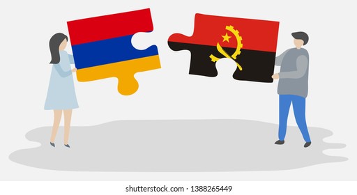 Couple holding two puzzles pieces with Armenian and Angolan flags. Armenia and Angola national symbols together.