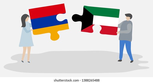 Couple holding two puzzles pieces with Armenian and Kuwaiti flags. Armenia and Kuwait national symbols together.