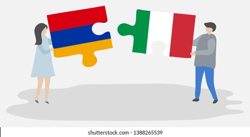 Couple holding two puzzles pieces with Armenian and Italian flags. Armenia and Italy national symbols together.