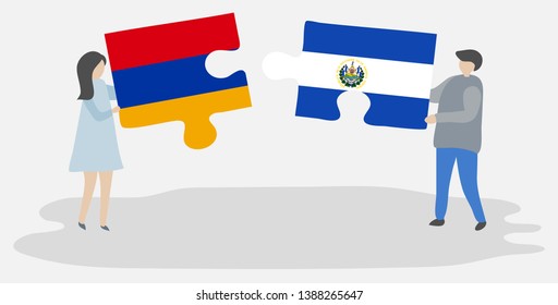 Couple holding two puzzles pieces with Armenian and Salvadoran flags. Armenia and El Salvador national symbols together.