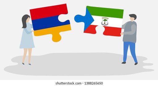 Couple holding two puzzles pieces with Armenian and Equatorial Guinean flags. Armenia and Equatorial Guinea national symbols together.