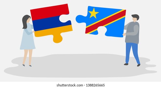 Couple holding two puzzles pieces with Armenian and Congolese flags. Armenia and Democratic Republic of the Congo national symbols together.