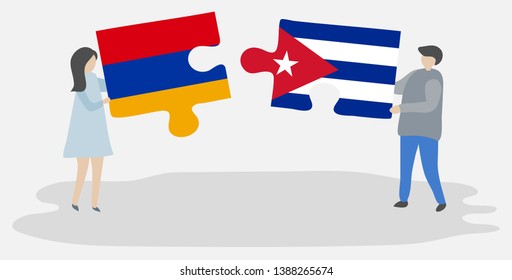 Couple holding two puzzles pieces with Armenian and Cuban flags. Armenia and Cuba national symbols together.