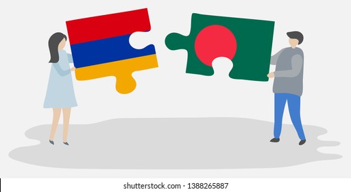 Couple holding two puzzles pieces with Armenian and Bangladeshi flags. Armenia and Bangladesh national symbols together.