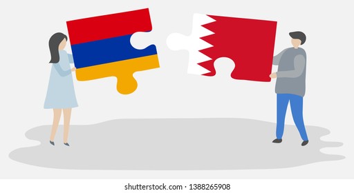Couple holding two puzzles pieces with Armenian and Bahraini flags. Armenia and Bahrain national symbols together.