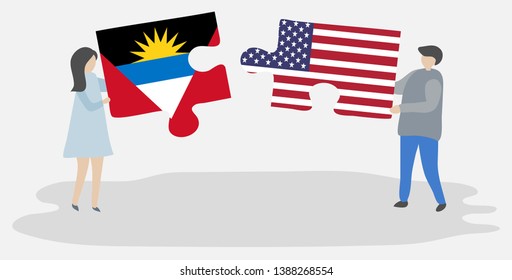 Couple holding two puzzles pieces with Antiguan and American flags. Antigua and Barbuda and United States of America national symbols together.