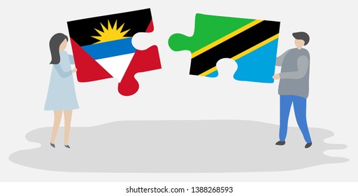 Couple holding two puzzles pieces with Antiguan and Tanzanian flags. Antigua and Barbuda and Tanzania national symbols together.