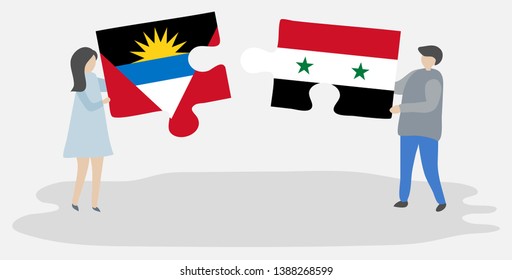 Couple holding two puzzles pieces with Antiguan and Syrian flags. Antigua and Barbuda and Syria national symbols together.