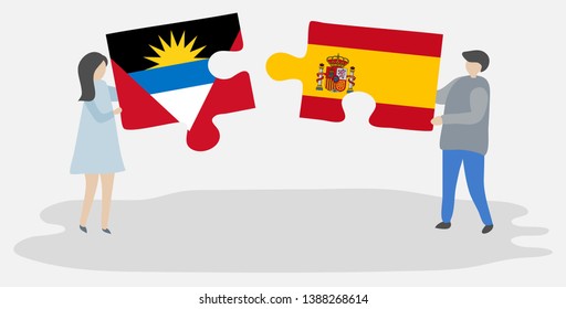 Couple holding two puzzles pieces with Antiguan and Spanish flags. Antigua and Barbuda and Spain national symbols together.