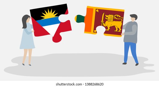 Couple holding two puzzles pieces with Antiguan and Sri Lankan flags. Antigua and Barbuda and Sri Lanka national symbols together.