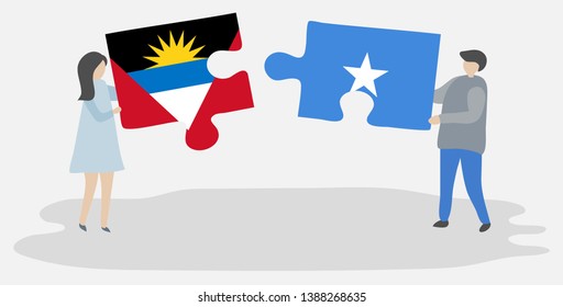 Couple holding two puzzles pieces with Antiguan and Somali flags. Antigua and Barbuda and Somalia national symbols together.