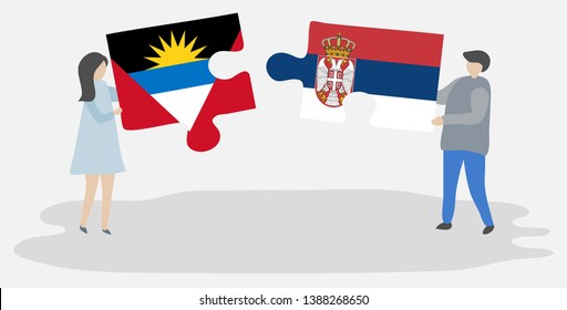 Couple holding two puzzles pieces with Antiguan and Serbian flags. Antigua and Barbuda and Serbia national symbols together.