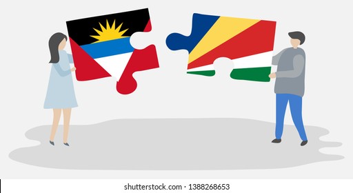 Couple holding two puzzles pieces with Antiguan and Seychellois flags. Antigua and Barbuda and Seychelles national symbols together.