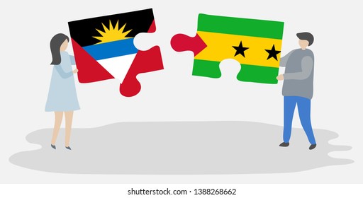 Couple holding two puzzles pieces with Antiguan and Sao Tomean flags. Antigua and Barbuda and Sao Tome and Principe national symbols together.