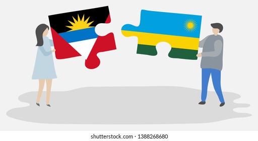 Couple holding two puzzles pieces with Antiguan and Rwandan flags. Antigua and Barbuda and Rwanda national symbols together.