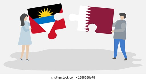 Couple holding two puzzles pieces with Antiguan and Qatari flags. Antigua and Barbuda and Qatar national symbols together.