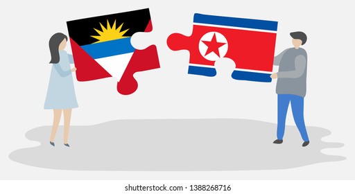 Couple holding two puzzles pieces with Antiguan and North Korean flags. Antigua and Barbuda and North Korea national symbols together.