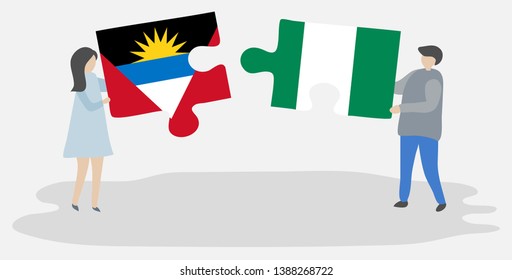 Couple holding two puzzles pieces with Antiguan and Nigerian flags. Antigua and Barbuda and Nigeria national symbols together.