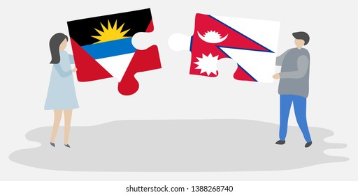 Couple holding two puzzles pieces with Antiguan and Nepalese flags. Antigua and Barbuda and Nepal national symbols together.