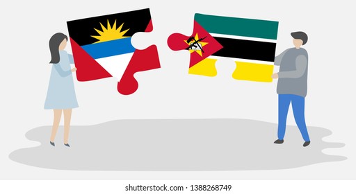 Couple holding two puzzles pieces with Antiguan and Mozambican flags. Antigua and Barbuda and Mozambique national symbols together.