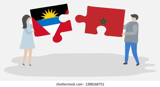 Couple holding two puzzles pieces with Antiguan and Moroccan flags. Antigua and Barbuda and Morocco national symbols together.