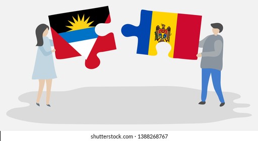 Couple holding two puzzles pieces with Antiguan and Moldovan flags. Antigua and Barbuda and Moldova national symbols together.