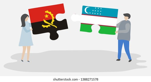 Couple holding two puzzles pieces with Angolan and Uzbek flags. Angola and Uzbekistan national symbols together.