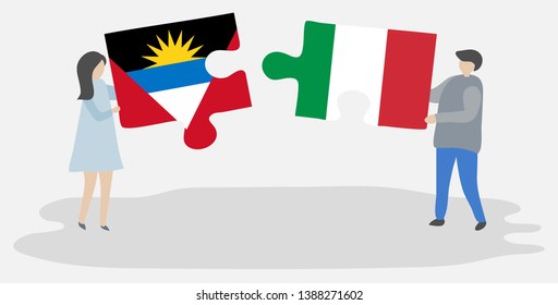 Couple holding two puzzles pieces with Antiguan and Italian flags. Antigua and Barbuda and Italy national symbols together.