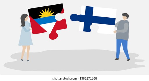 Couple holding two puzzles pieces with Antiguan and Finnish flags. Antigua and Barbuda and Finland national symbols together.