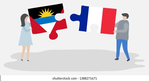 Couple holding two puzzles pieces with Antiguan and French flags. Antigua and Barbuda and France national symbols together.
