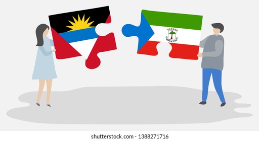 Couple holding two puzzles pieces with Antiguan and Equatorial Guinean flags. Antigua and Barbuda and Equatorial Guinea national symbols together.