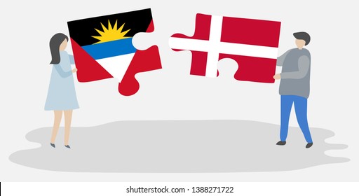 Couple holding two puzzles pieces with Antiguan and Danish flags. Antigua and Barbuda and Denmark national symbols together.