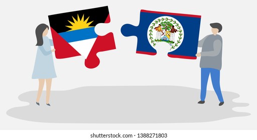 Couple holding two puzzles pieces with Antiguan and Belizean flags. Antigua and Barbuda and Belize national symbols together.