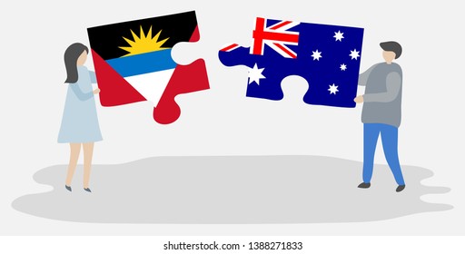 Couple holding two puzzles pieces with Antiguan and Australian flags. Antigua and Barbuda and Australia national symbols together.