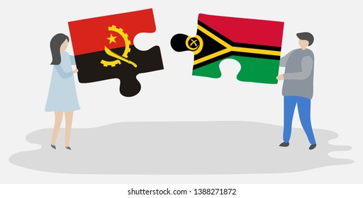 Couple holding two puzzles pieces with Angolan and Vanuatuan flags. Angola and Vanuatu national symbols together.