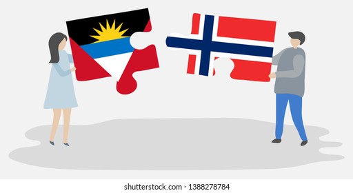 Couple holding two puzzles pieces with Antiguan and Norwegian flags. Antigua and Barbuda and Norway national symbols together.