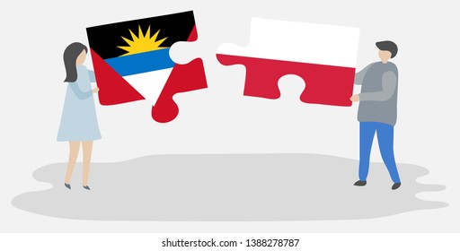 Couple holding two puzzles pieces with Antiguan and Polish flags. Antigua and Barbuda and Poland national symbols together.