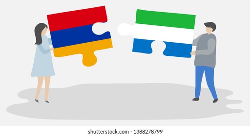 Couple holding two puzzles pieces with Armenian and Sierra Leonean flags. Armenia and Sierra Leone national symbols together.