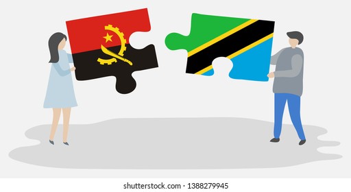 Couple holding two puzzles pieces with Angolan and Tanzanian flags. Angola and Tanzania national symbols together.