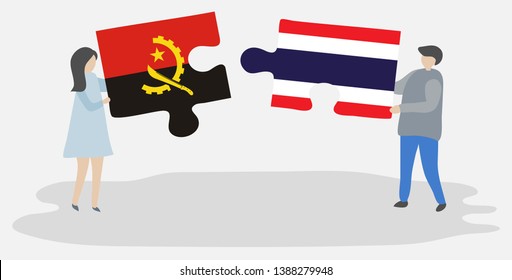 Couple holding two puzzles pieces with Angolan and Thai flags. Angola and Thailand national symbols together.