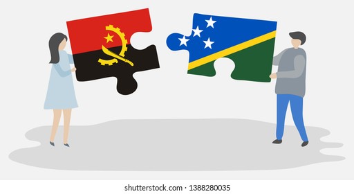 Couple holding two puzzles pieces with Angolan and Solomon Island flags. Angola and Solomon Islands national symbols together.