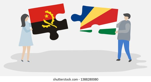 Couple holding two puzzles pieces with Angolan and Seychellois flags. Angola and Seychelles national symbols together.