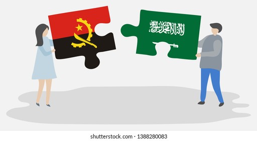 Couple holding two puzzles pieces with Angolan and Saudi Arabian flags. Angola and Saudi Arabia national symbols together.