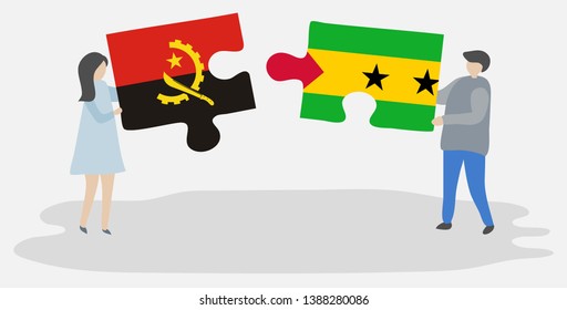 Couple holding two puzzles pieces with Angolan and Sao Tomean flags. Angola and Sao Tome and Principe national symbols together.