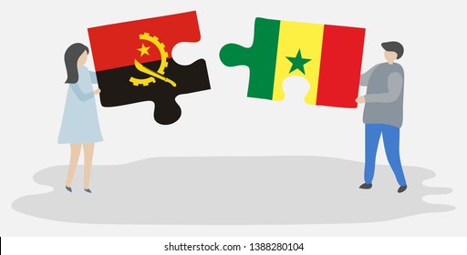 Couple holding two puzzles pieces with Angolan and Senegalese flags. Angola and Senegal national symbols together.